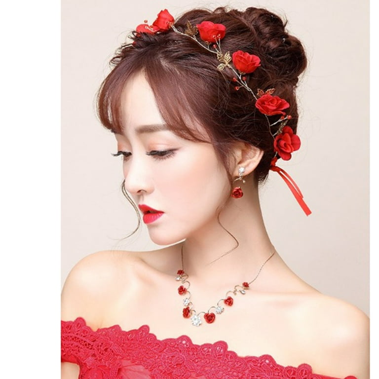 Red Rose Flower Shaped Alloy Headband Hair Wedding Bridal with Beads Hair Clasp Hair Band Hair Accessories Dress Accessories for Women