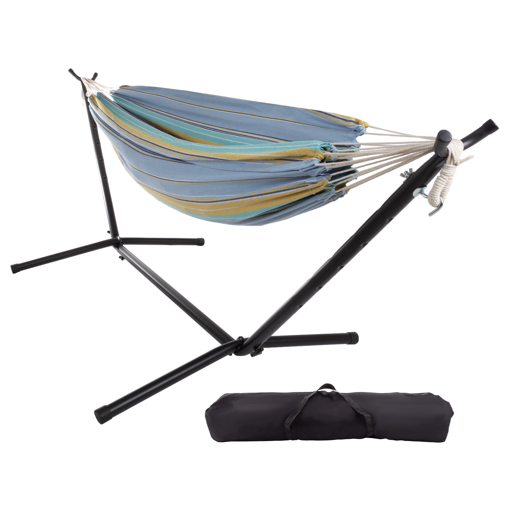 Pure Garden Brazilian Woven Cotton Double Hammock with Stand Included (Blue/Yellow/White Stripes)