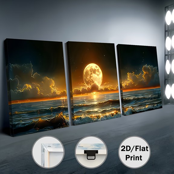 2D Flat, 3pcs 2D/Flat print Framed canvas painting and poster, Ready to Hanging, Sea Rising Moon, Ocean Sunset Sunset Full Moon Print, Wall Art, Room Decoration, Home Murals, Hd Printing, Ideal Gift