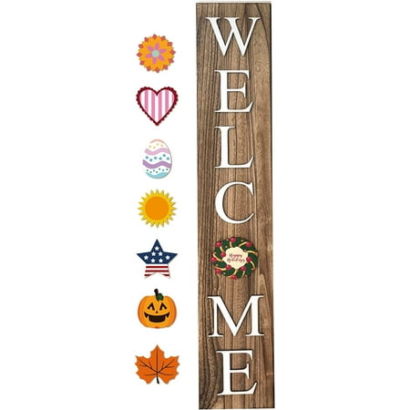 ALBEN Welcome Sign For Front Door Porch With Ornamental Tiles – 8 Interchangeable Seasonal Tiles Celebrate Holidays and Seasons Vertical Wooden Outdoor and Indoor Welcome Home Decor Sign