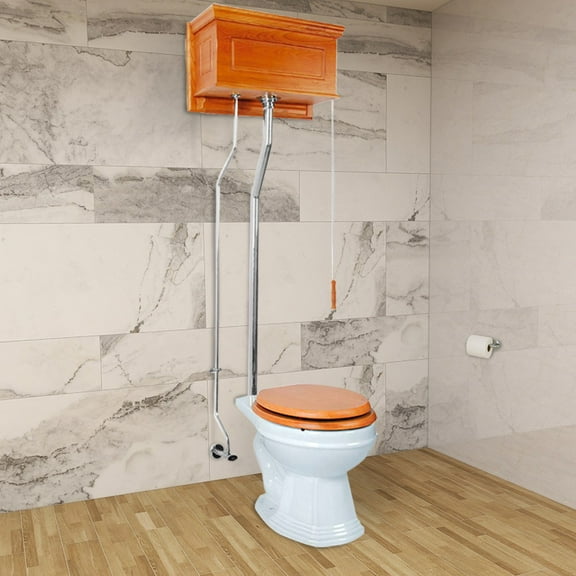 Renovators Supply Light Oak 70"-74" in Adjustable Flat High Tank Pull Chain Toilet w/White Porcelain Round Wooden Toilet Seat