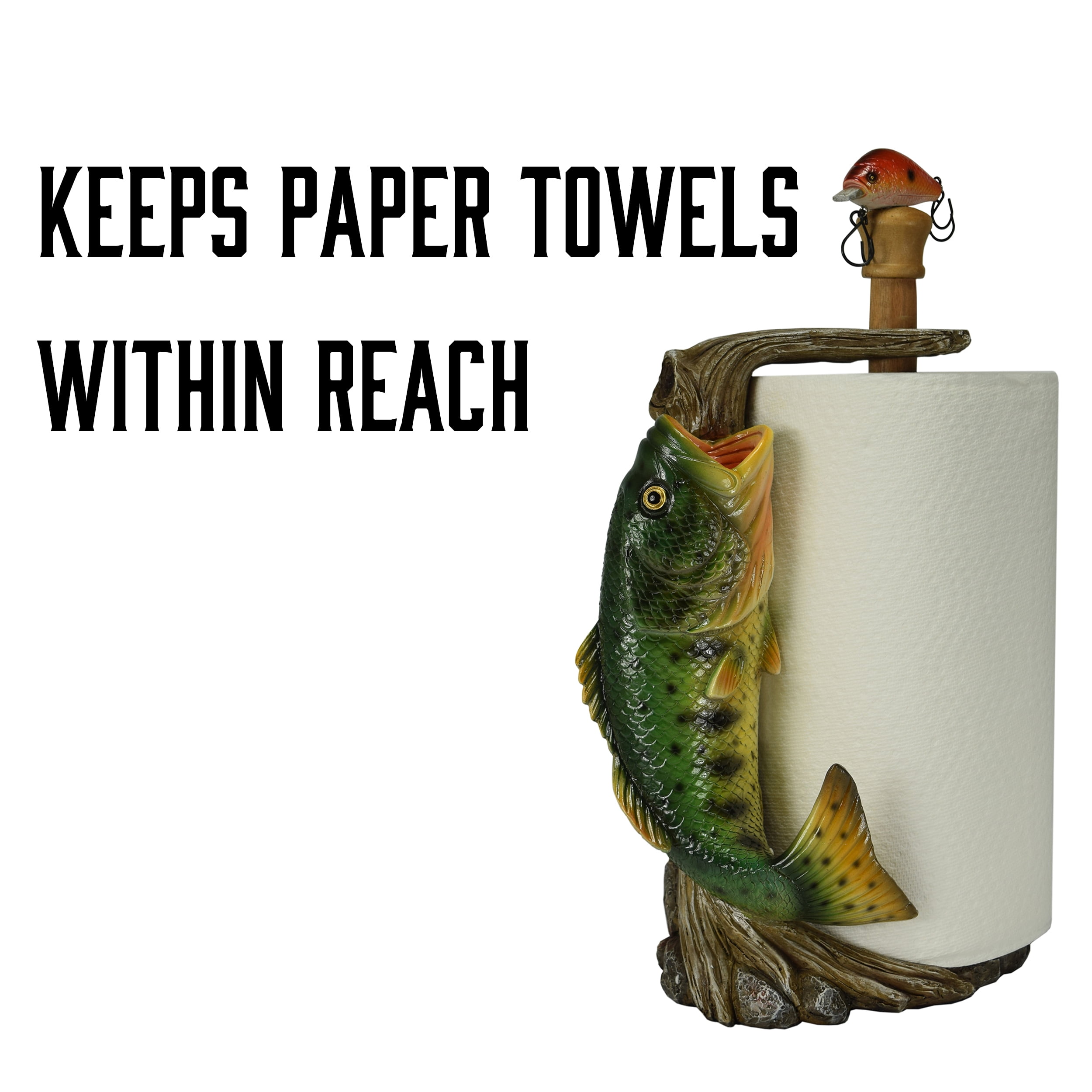 Rivers Edge Products Countertop Paper Towel Holder, Unique Resin and Wood Paper Towel Holder, Novelty Napkin Roll Holder for Counter, Giftable Animal Paper Towel Stand, Largemouth Bass