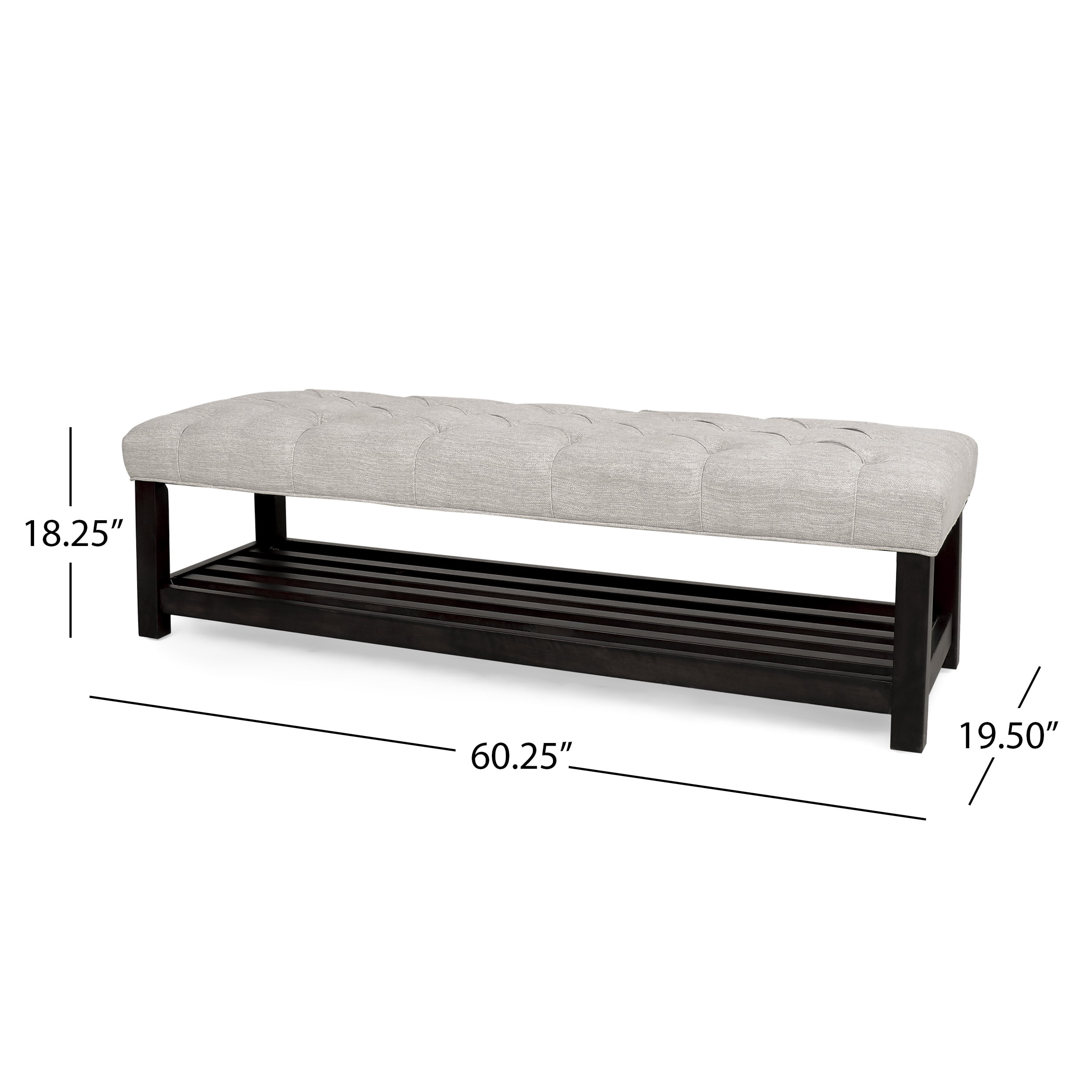 Noble House Wichita Fabric Button Tufted 18.25 inch Bench with Shelf, Beige and Dark Walnut