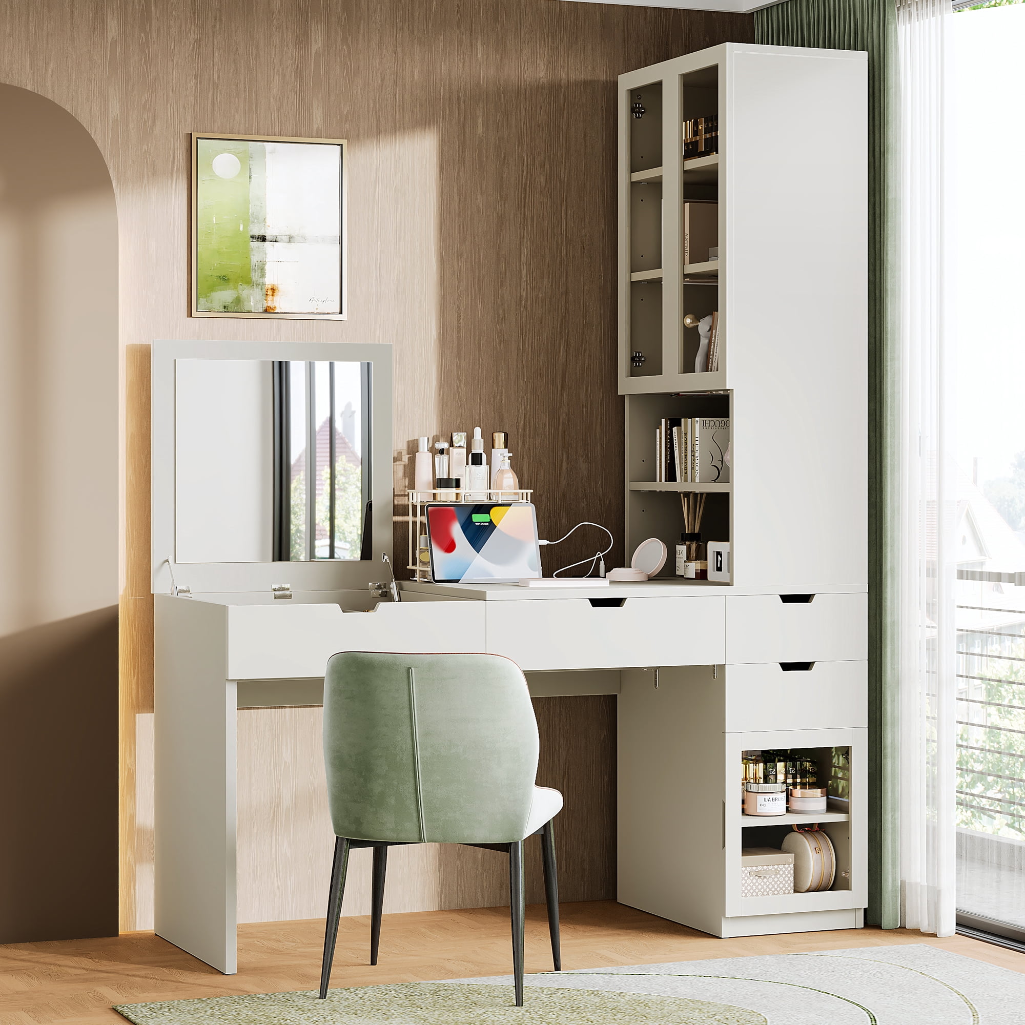 Euroco Multi-functional Vanity Desk with Mirror, Charging Station & Storage Cabinets — Ideal for Makeup, Office, and Study Use