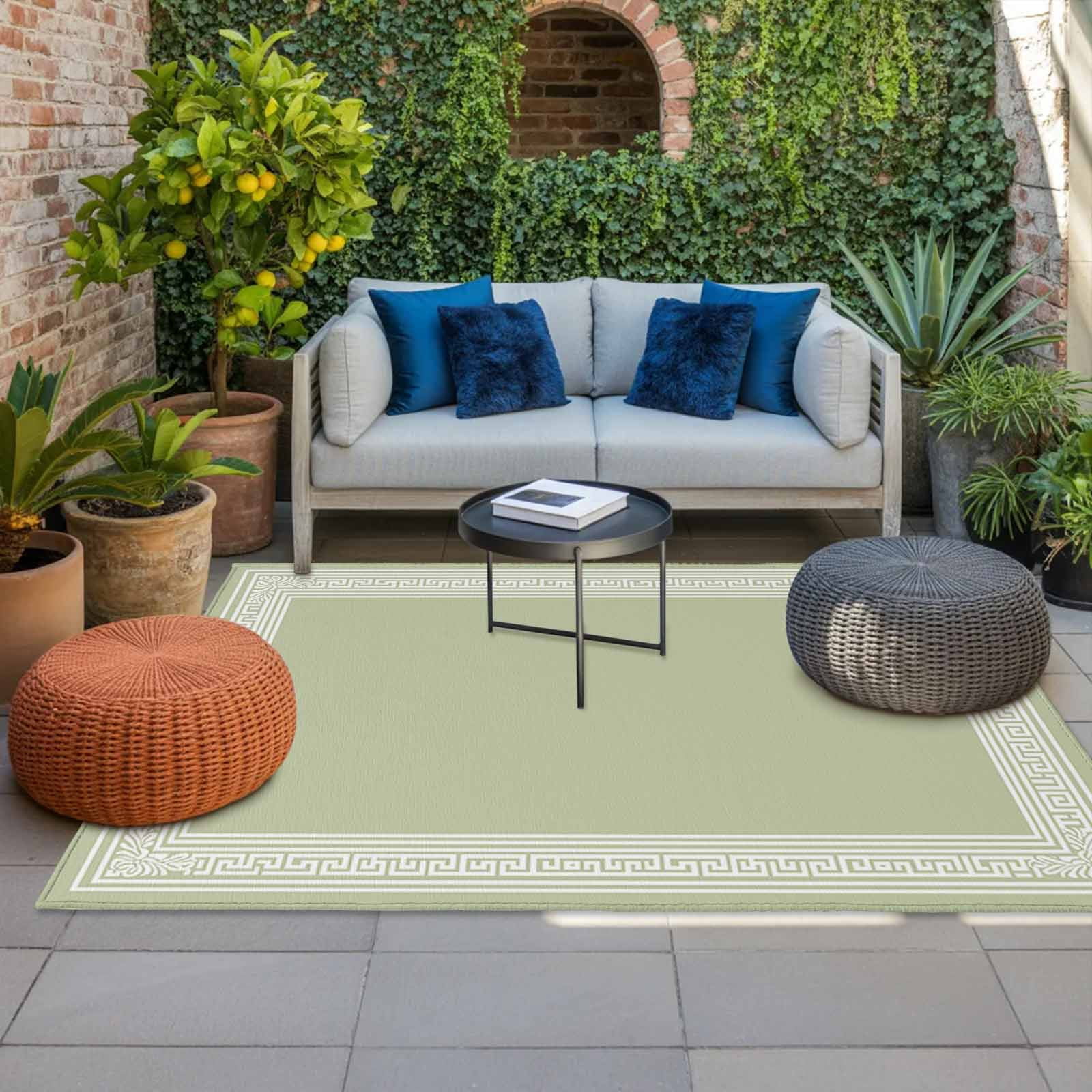Sage Green Greek Key Outdoor Rug for Patio/Deck/Porch, Non-Slip Large Area Rug 4 x 6 Ft, Geometric Greece Ancient Farmhouse Geo Indoor Outdoor Rugs Washable Area Rugs, Camping Rug Carpet Runner