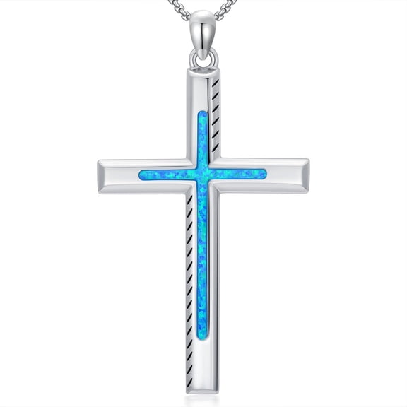 Coachuhhar Cross Necklace 925 Sterling Silver Blue Opal Cross Pendant Necklaces Christian Jewelry Religious Gifts for Men Women Mom Father
