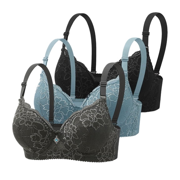 Mlkoz 3 Pack Bras for Women Push Up Underwire Bra Lace Plus Size Breathable Solid Color Full Support Bras Everyday Bras