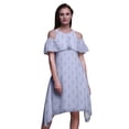 thumbnail image 1 of Bimba Blue Leaves Printed Womens Ruffle Front Cold Shoulder Swing Shift Dress - XXX-Large, 1 of 6