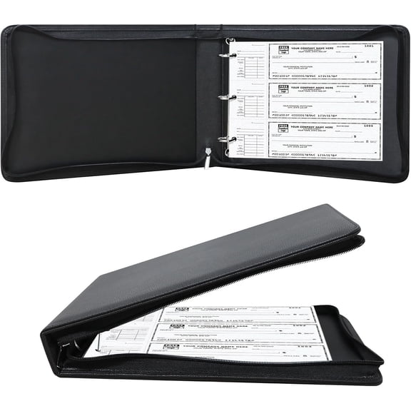 3 Rings Check Binder for End-Stub Deskbook Checks, Zipper Business Check Binder, 3 a Page, Fit 3 & 9 Holes Check Faux Leather (9.5" x 12.6") (Black)