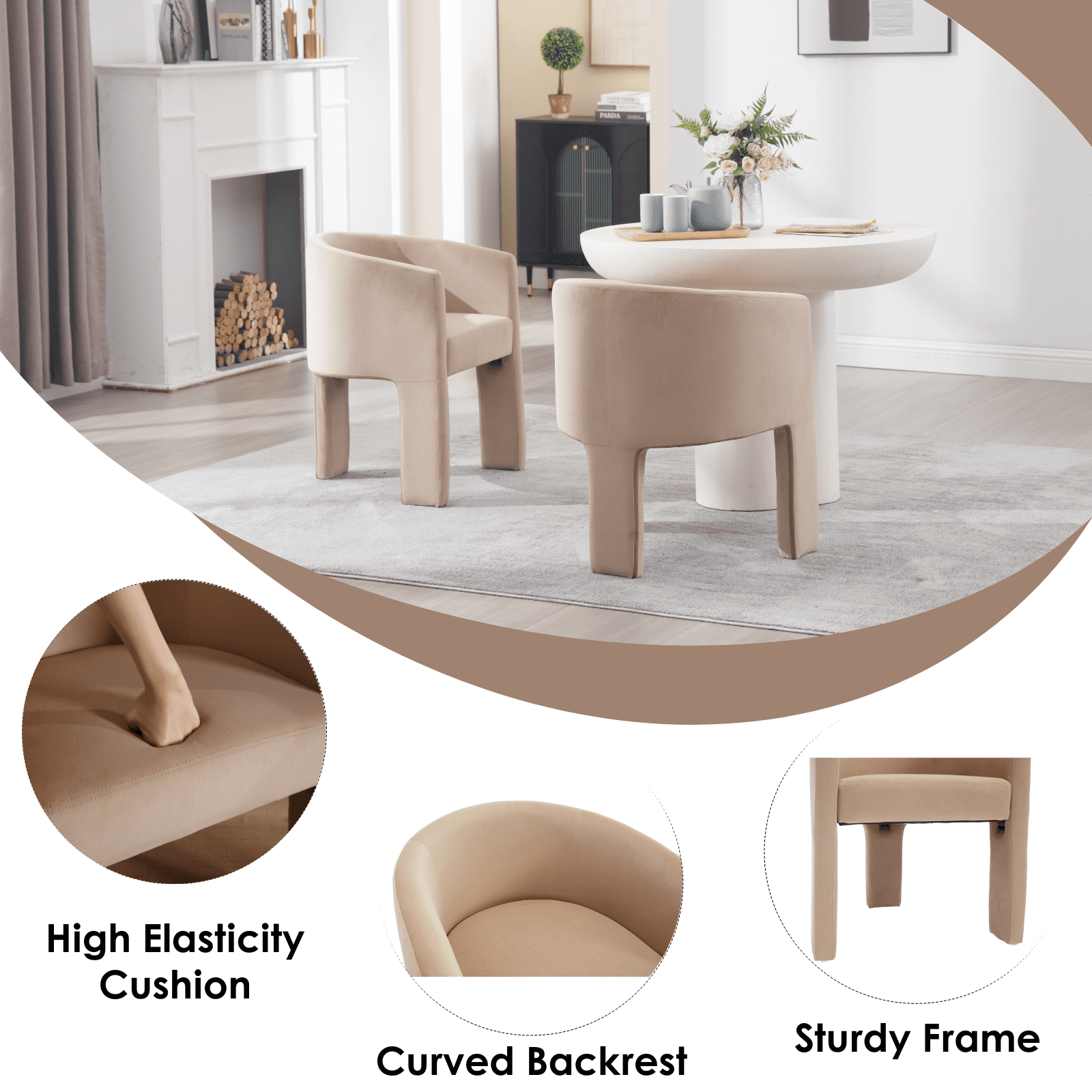 Guyou Modern Boucle Dining Chairs Set of 2, Barrel Velvet Side Chair with Curved Backrest and Arms, Comfy Dressing Vanity Chairs, Upholstered Kitchen Chairs for Living Room Bedroom Dining Room, Khaki