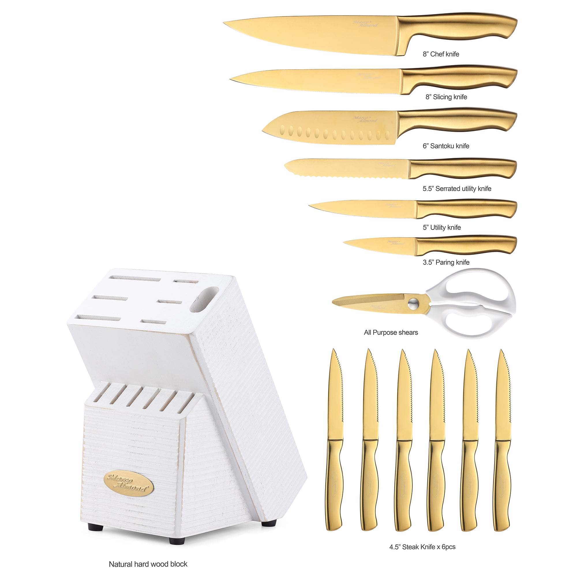 Marco Almond MA21 14-Piece Knife Set with Block Golden Kitchen Knife Block Set Stainless Steel