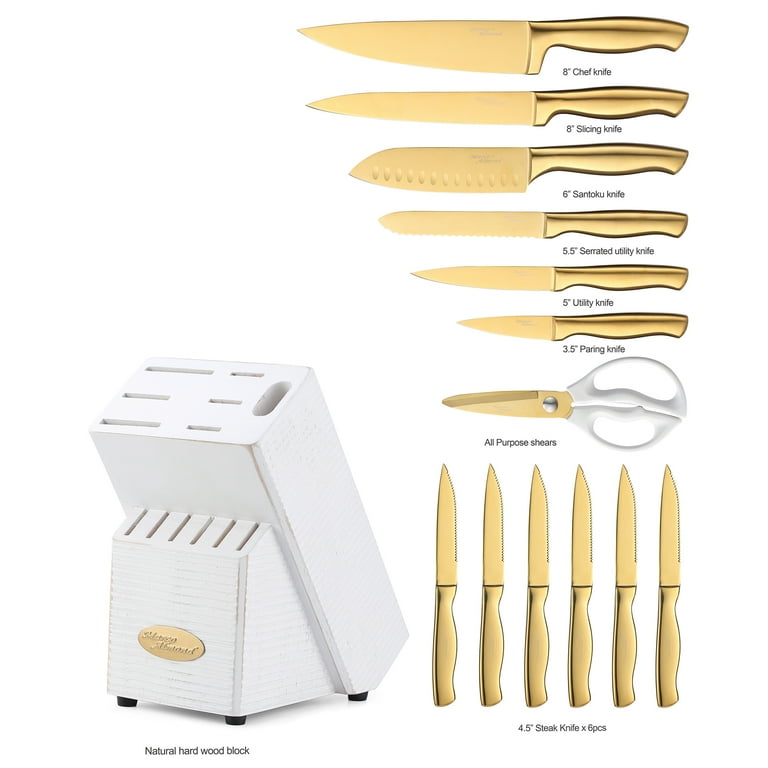 Marco Almond 14-Piece Golden Titanium Kitchen Knife Set with Block