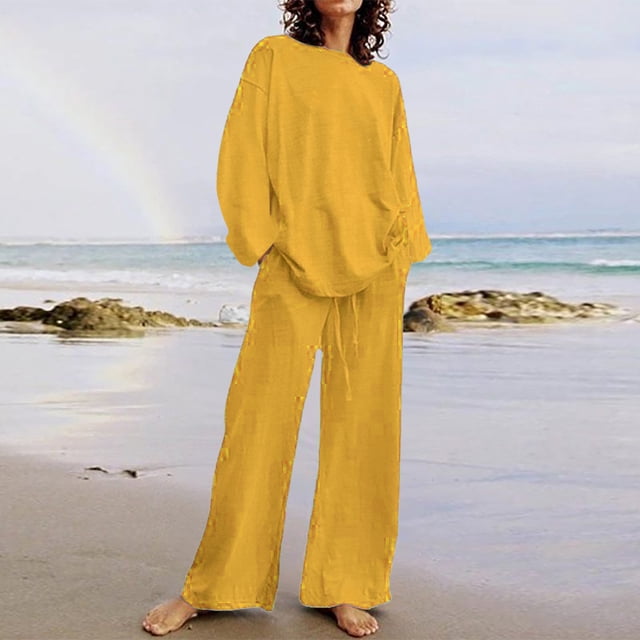 Baikeli Costumes pour Femmes Ensembles Décontractés en Liquidation Deux Pièces pour Femmes Costumes en Coton Lin Manches Longues Col Rond Pantalons à Taille Élastique Ensembles de Vêtements de Couleur Unie Tenues de Voyage pour Femmes