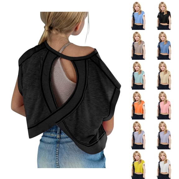 SROBPTY Teen Girls Summer Short Sleeve Tops Solid Casual Loose Breathable Crew Neck with Back Cutout Tee Shirts for Outdoor Wear