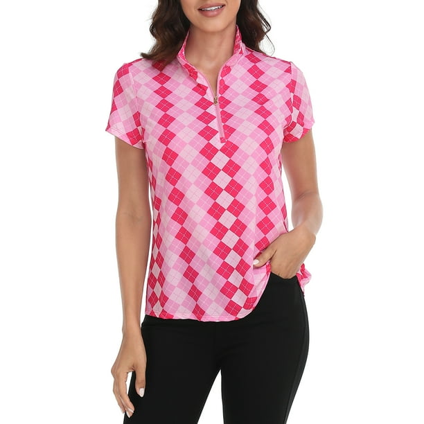 LRD Women's Short Sleeve Golf Polo Shirts UPF 30 Pink Argyle / Rose M