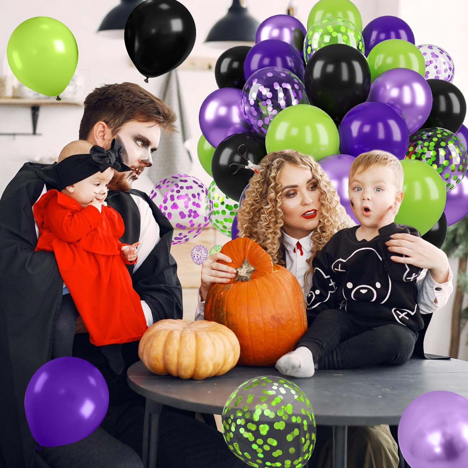 Purple Green Balloons, 12 Inch Halloween Balloons Set, Matte Black Fruit Green and Metallic Purple Confetti Balloon Latex Helium Balloon for Birthday Horror Halloween Party Decorations Indoor Outdoor