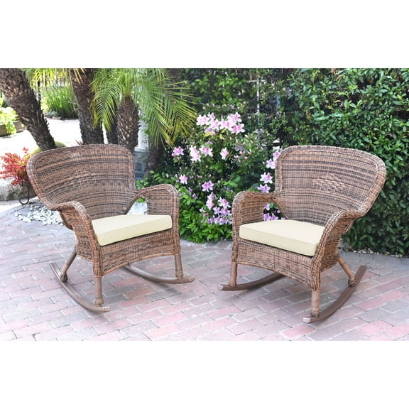 Jeco Set of 2 Windsor Honey Resin Wicker Rocker Chair with Ivory Cushions