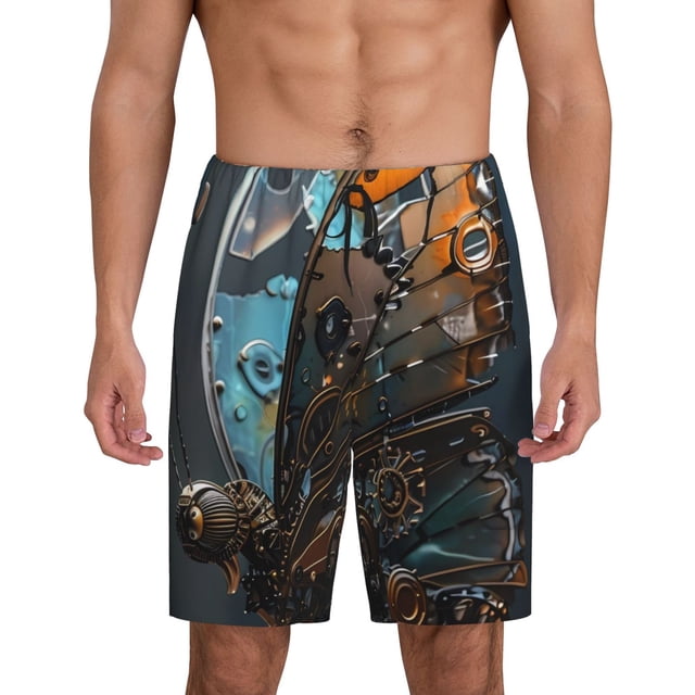 Balery Steampunk Mechanical Butterfly Pantalones cortos de pijama de punto de algodón para hombre con cinturilla y bolsillos-4X-Large