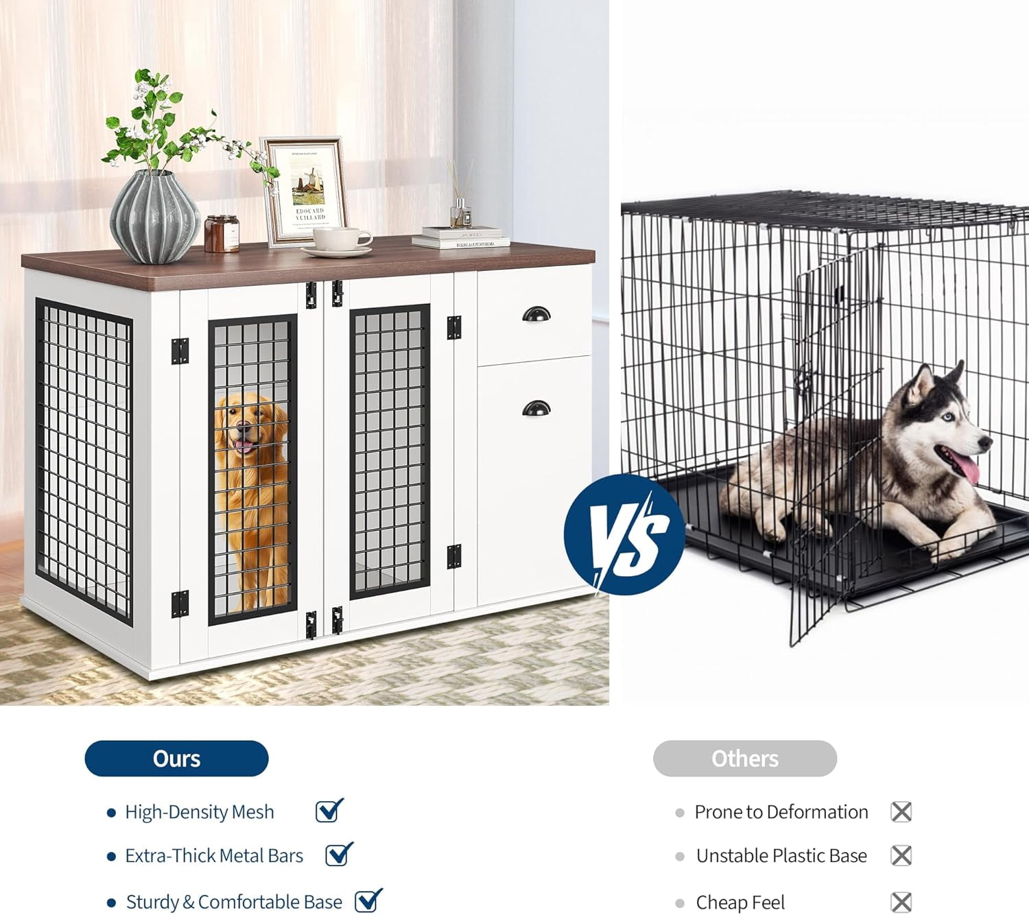 44 inch Dog Crate Furniture, Heavy Duty Wooden Pet Kennel with Drawers & Side Cabinets, Decorative Dog Crates for Small Medium Large Dogs, White