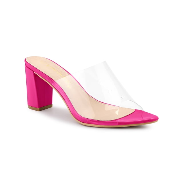 BLISSFUL STEP Women's Clear Point Toe High Block Heel Mules Slides Sandals Hot Pink 9.5