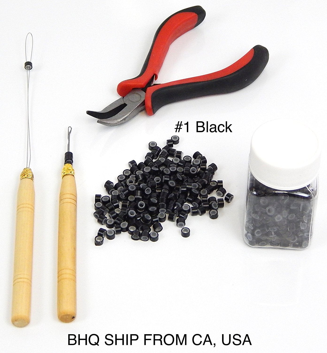 Hair Extension Metal Plier Tool + Wood Hook + Pulling Needle Loop