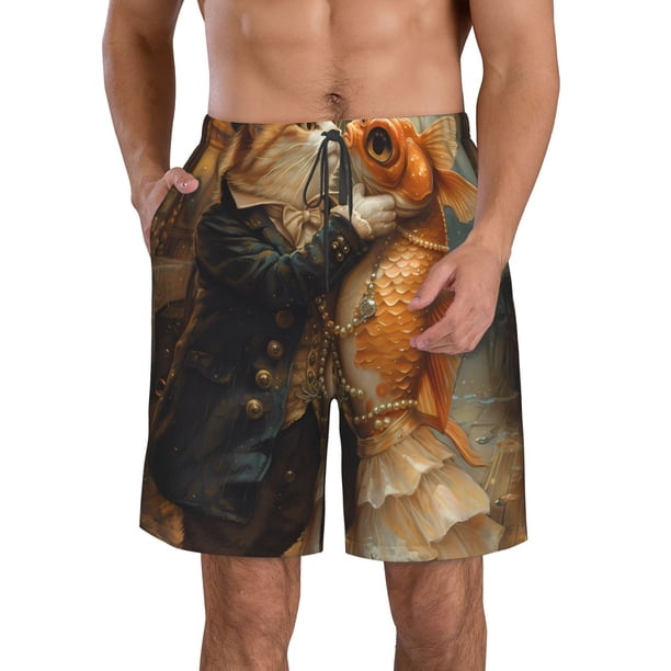 Balery Cat Fish Dance Vintage Traje de Baño Estilo Hawaiano para Hombre, Shorts de Secado Rápido con Bolsillos-X-Large
