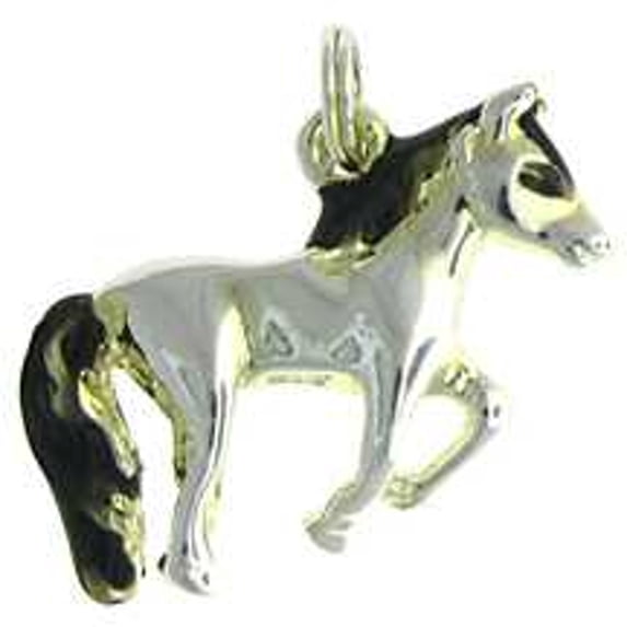 Sterling Silver 20" Unisex 1.5mm Box Chain 3D Walking Horse Black Enameled Mane And Tail Pendant Necklace