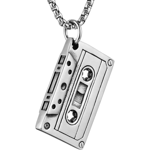 HZMAN Double Sided Stainless Steel Vintage Tape Necklace Hip Hop Pendant 22 2 Inch Box Chain