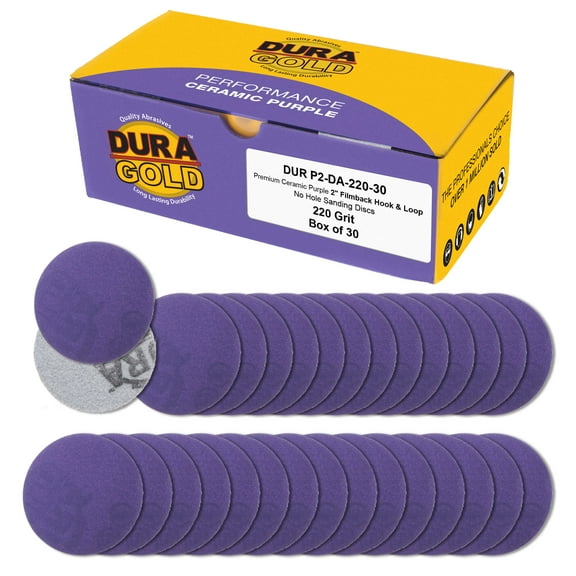 Dura-Gold Premium 220 Grit 2" Purple Film Ceramic Sanding Discs, Box of 30 - Hook & Loop Backing Sandpaper for DA Sander, Drill, Grinder, Rotary Tool - Sand Auto Body Paint, Metal, Wood, Woodworking