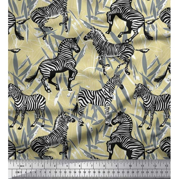 Soimoi Beige Cotton Voile Fabric Leaves & Wild Animal Print Fabric by The Yard 42 Inch Wide