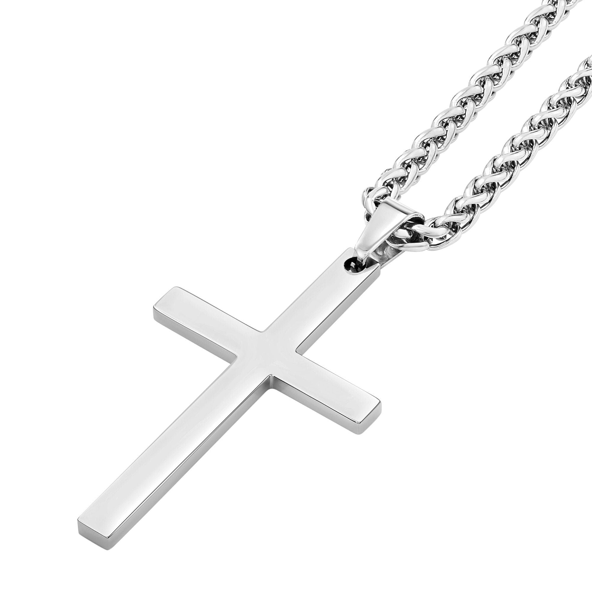 Men's Silver Cross Pendant & Wheat Chain Stainless Steel Necklace Set