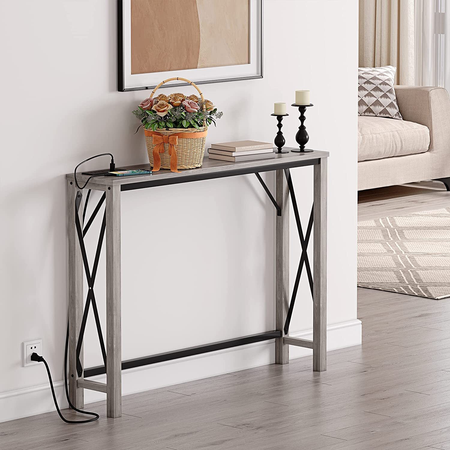 HOSSLLY Console Table, 40" Sofa Table with Power Outlet for Entryway, Living Room, Rustic Grey