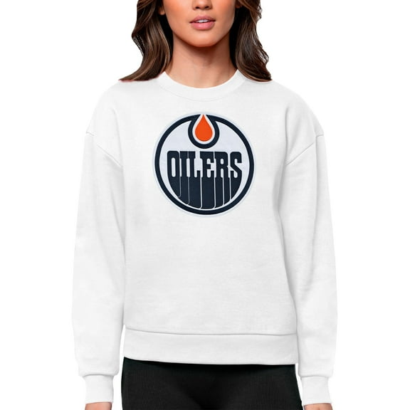 Women's Antigua White Edmonton Oilers Primary Logo Team Logo Victory Crewneck Pullover Sweatshirt