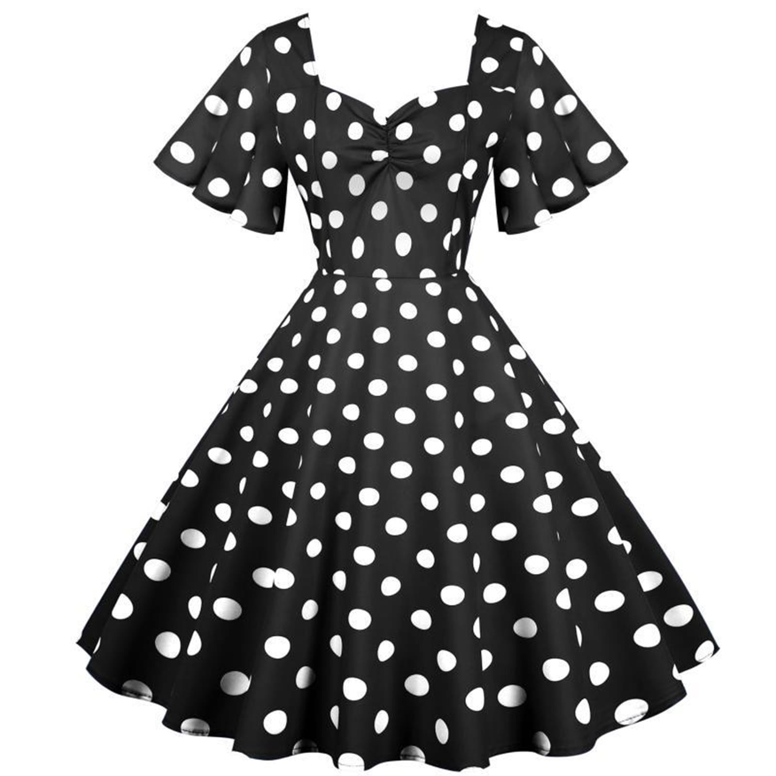 Women's Retro 50s Cocktail Dresses Polka Dot V Neck Puff Sleeve Vintage