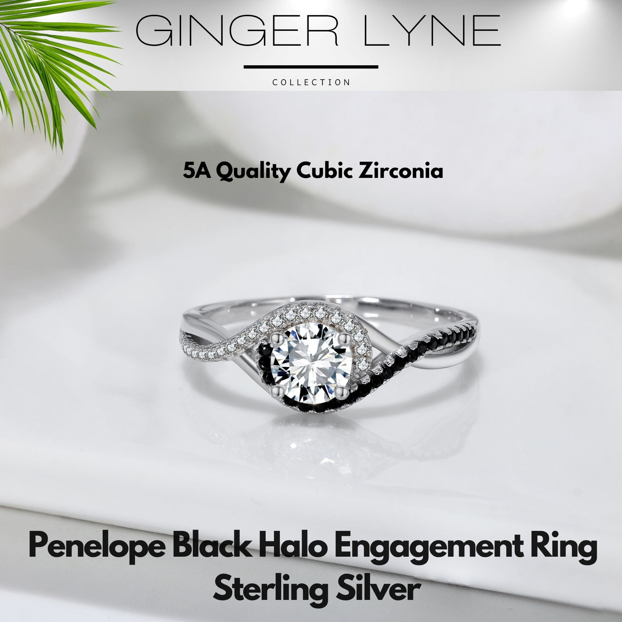 Penelope Black Halo Engagement Ring for Women Sterling Silver Wedding Ring Ginger Lyne Collection