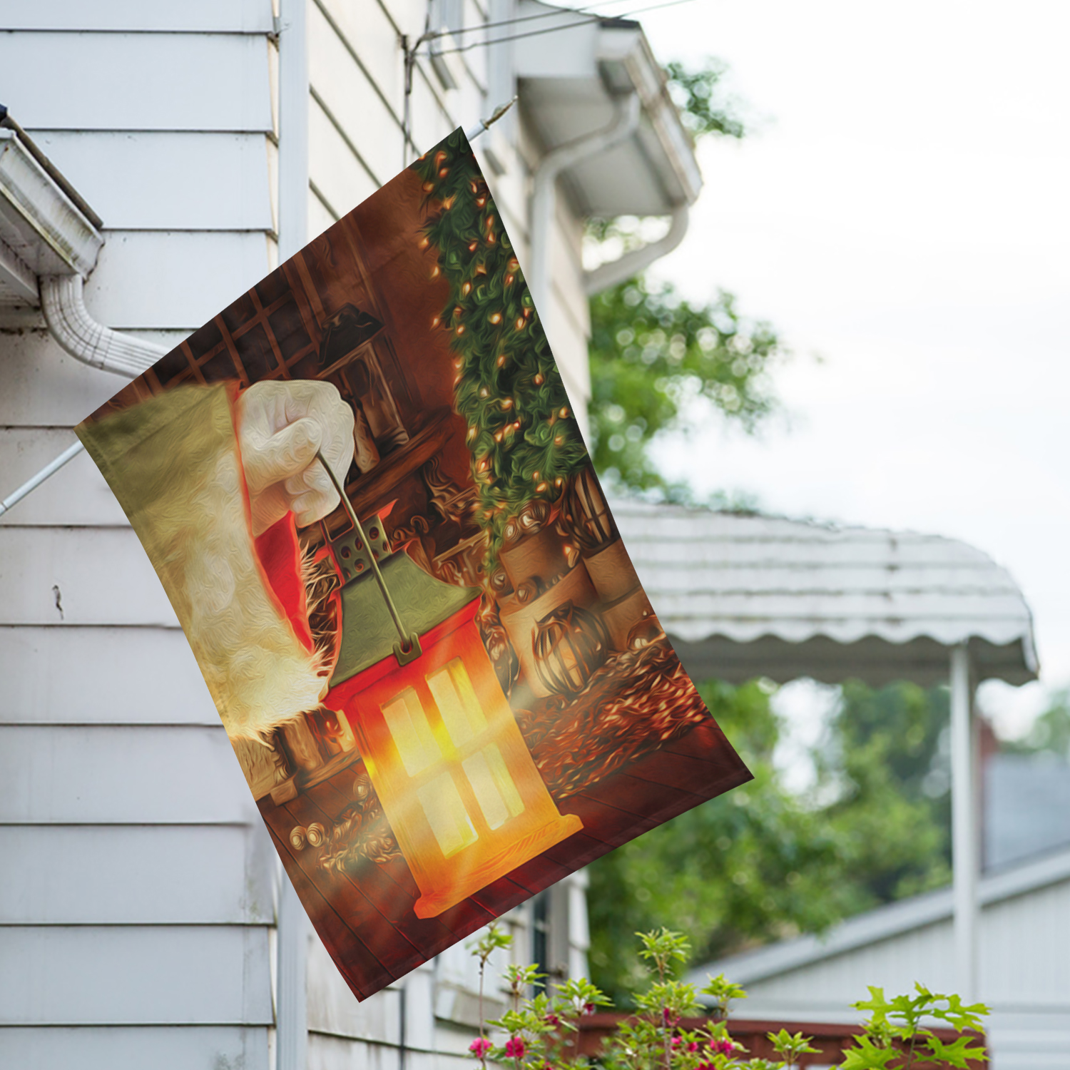 America Forever The Warmth Of Christmas House Flag, 28 x 40 inch Double Sided, Holiday Banner, Santa Hands Glowing Oil Lamp Tree Outdoor Decor, Magical Yard Flag