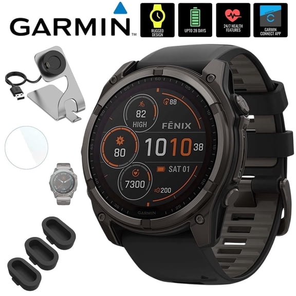 Garmin 010-02906-10 Fenix 8 47 mm, Solar Sapphire, Carbon Gray DLC Titanium with Black/Pebble Gray Bundle with Deco Essentials Charging Dock, 3x Silicone Dust Cover and 1.4 Inch Screen Protector