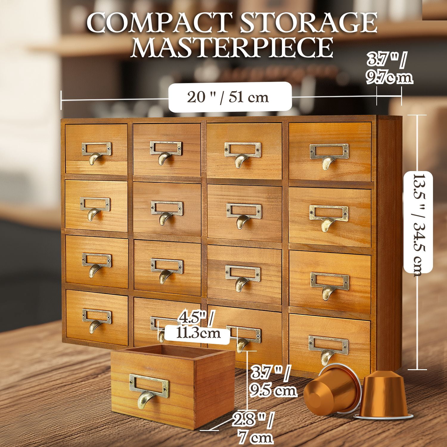 Apothecary Cabinet with Drawers - 16 Vintage Apothecary Drawers Desktop Organizer for Home & Office - Wooden Tabletop Library Card Catalog Cabinet Storage for Jewelry, Makeup & Tools, Brown