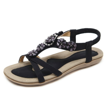 

DAFENGEA Boho Flat Sandals for Women Open Toe Casual Summer Beach Beaded Elastic Ankle T-Strap Comfort Sandals Dress Shoes
