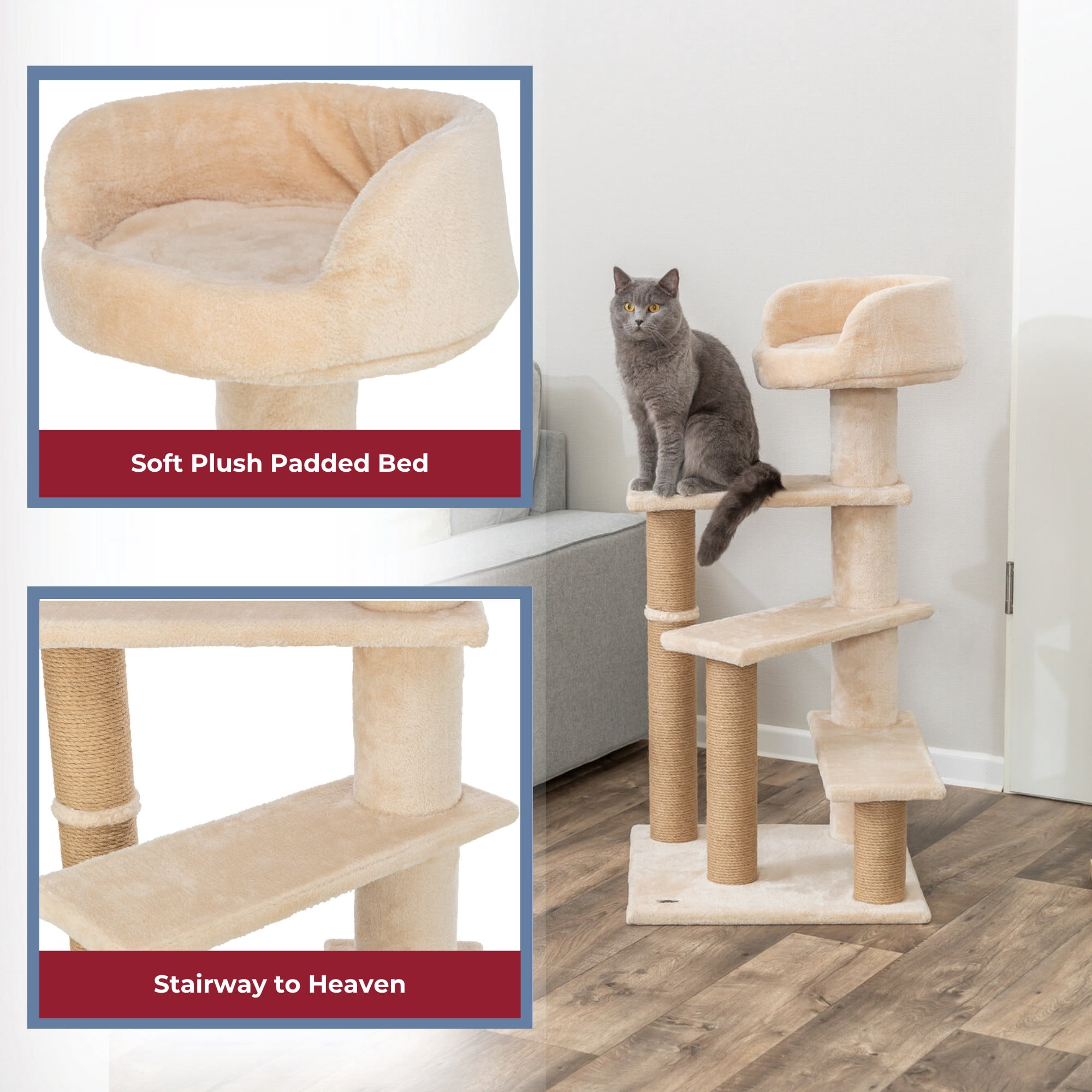 TRIXIE Tulia Senior Plush & Sisal 4-Level 40.2" Cat Tree, Scratching Posts & Bed, Beige