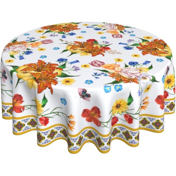 Modern Bohemian Floral Tablecloth Round 60 In Blue Yellow Red Flowers Washable Wrinkle Stain-Resistant Polyester Table Cloth Spring Summer Autumn Decorations For Party Picnic Dinner Indoor Outdoor