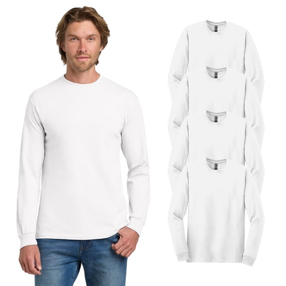 Gildan Heavy Cotton Men Long Sleeve T-Shirt, Classic Fit Crewneck 4 Pack White Tee, L