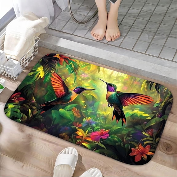 1pc Hummingbirds in Tropical Absorbent Non-Slip Bathroom Thickened Flannel Rug Decor,Soft,Quick Drying,Suitable For Indoor/outdoor Use,Bathrooms,Bedrooms,Kitchens,Terrace,Laundry Rooms,16"x24"