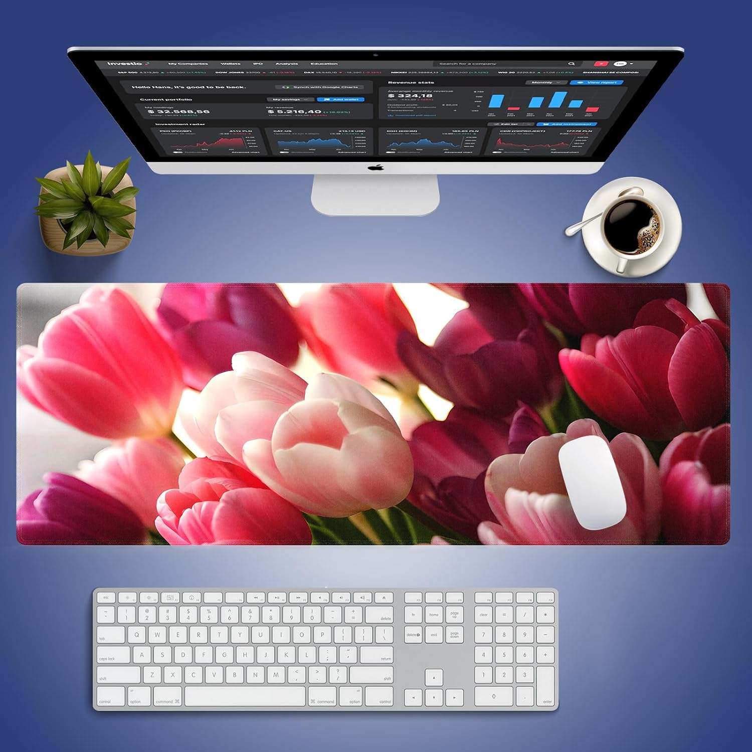 Extra Large Gaming & Office Mouse Pad (31.5" x 11.8") with Durable Stitched Edges – Bouquet of Tulips Flowers Pink and Purple Blossoms Girly Floral Close-up, Anti-Slip Extended XXL Desk Mat