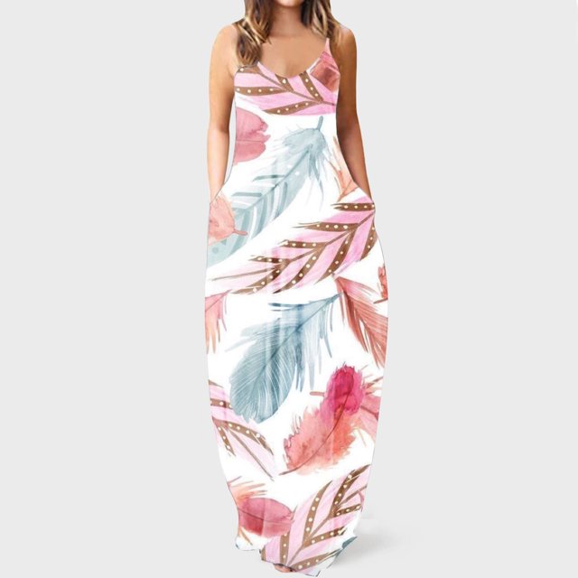 Lenago Robes d'Invité de Mariage Grande Taille pour Femmes Mode Été Sexy Bretelles Taille Mi-Haute Col en V Sans Manches Imprimé Slim Fête Plage Longue Robe Été Plage Robes en Solde