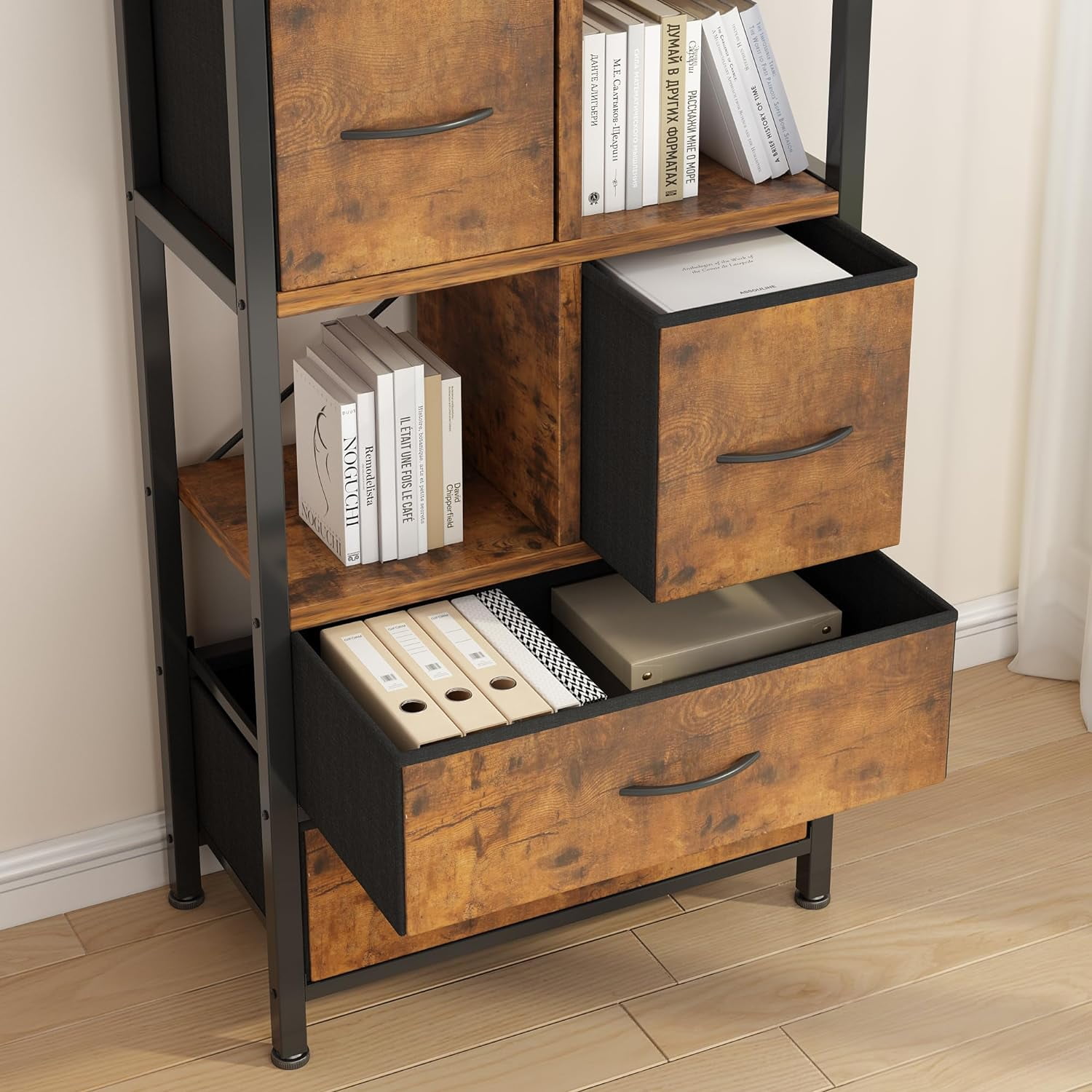Display Shelf, 5 Layers Cube Storage Organizer, Iron Frame Shelf Opening, Bookcase for Office, Storage Bins with 4 Fabric Drawers, Modern Open Bookcase, Multifunctional Display Shelf for Living Room
