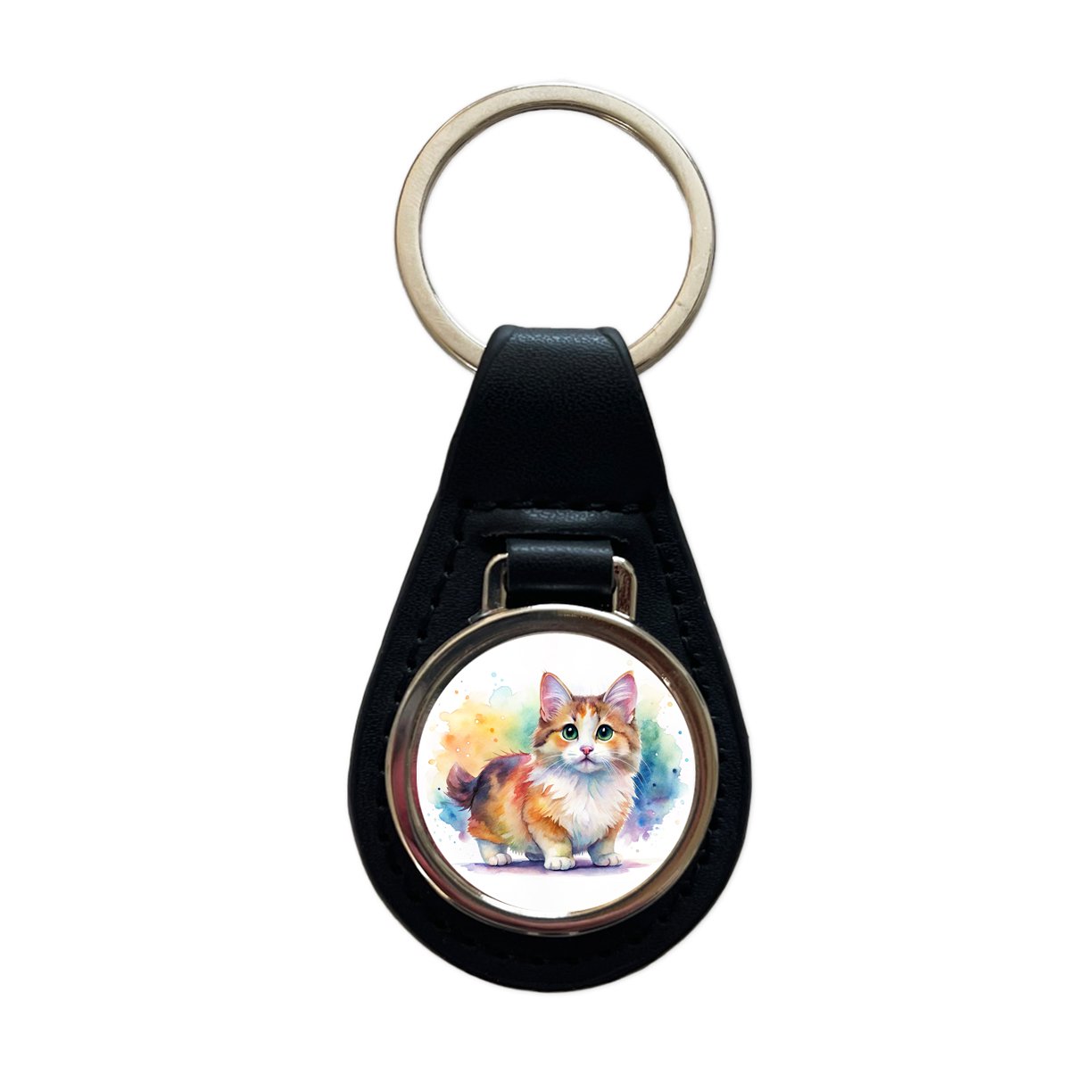 Munchkin Cat Watercolor Style Metal Black Leather Keychain