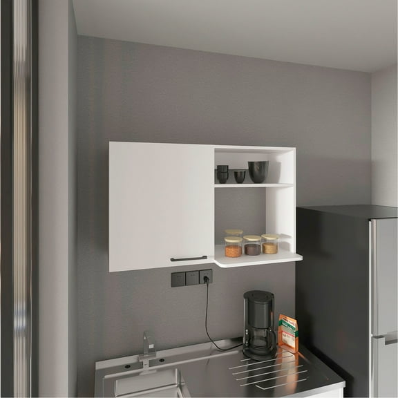 40 Inches Wide White Wall Cabinet With Stylish Shelving And Extra Storage 5 Package Height 2 Side Shelves Space Saving