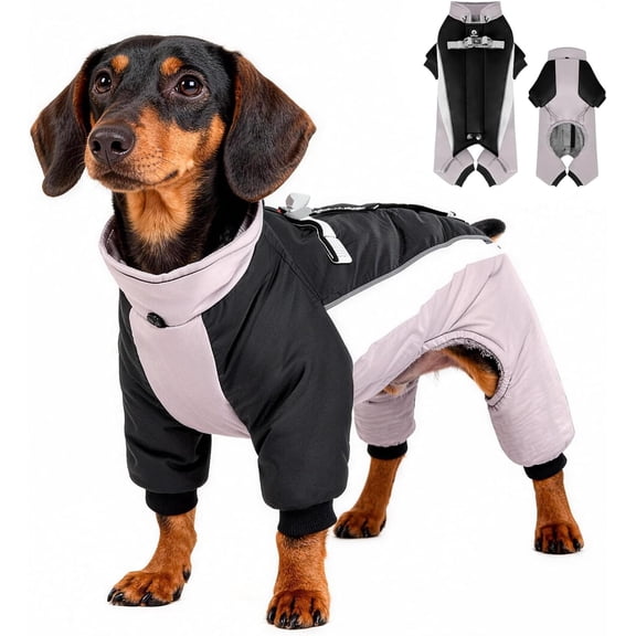 Dog Winter Coat — Waterproof 4-Leg Jumpsuit with Fleece Lining, Adjustable Buckles & Elastic Cuffs, Metal D-Ring & Reflective Strips, Windproof Pet Jacket for Small to Large Dogs (Black and Grey,S)
