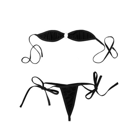 Aiihoo Women s 2Pcs Minimal Cover Bikini Swimwear Off the Shoulder Bra Top with G-String Briefs Underwear Black One Size